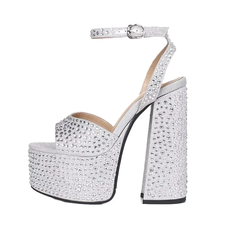Arden Furtado Damen-Sommersandalen mit runder Zehenpartie, wasserdichter Plateausohle, superhohem Absatz und Kristallverzierung für festliche Anlässe