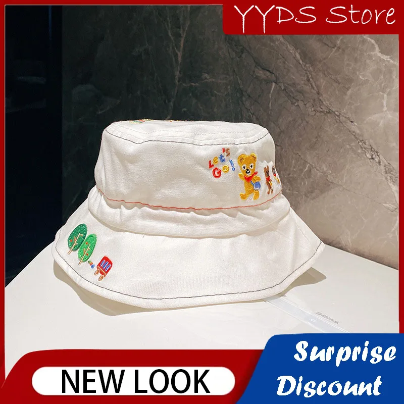 

Ins Forest Bear Embroidery Fisherman Hat Cotton Spring and Summer Flat Top Boy Sunscreen Cloth Hat Baby Hat Beach Sun Hat