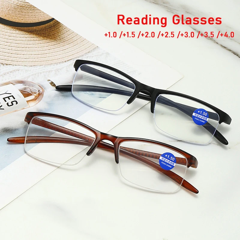 

New 2024 Semi Rimless Reading Galsses For Old Man Or Woman Small Rectangle Anti-blue Presbyopic Eyeglasses +100,+200,+250