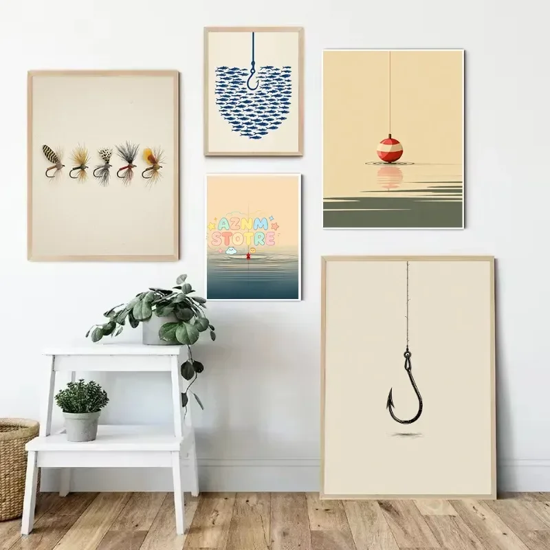Minimalist Fishing Hook Nautical Fishing Tackle Abstract Fishes Illustration Poster Canvas Painting Wall Art Pictures Home De