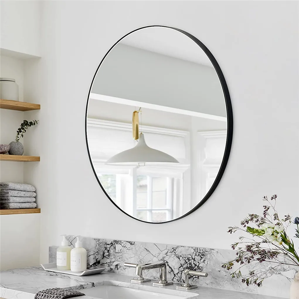 Chic Black Metal Frame Round Mirror 32'' Wide Wall Decor Vanity Mirror Home Bathroom Entryway