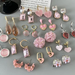 AENSOA Korean Pink Resin Crystal Drop Earrings for Women Heart Flower Geometric Round Dangle Earrings Fashion Party Jewelry 2023