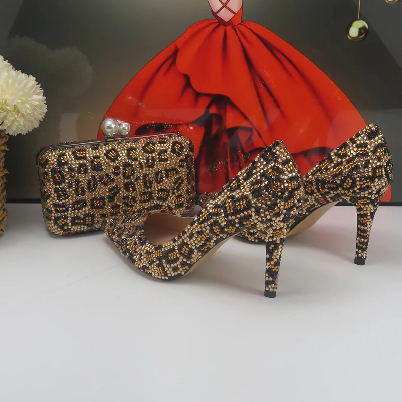 

BaoYaFang Fashion Pointed Toe leopard Bridal Shoes Wedding High Pumps Woman Evening Party Shoes and Bag Thin Heel