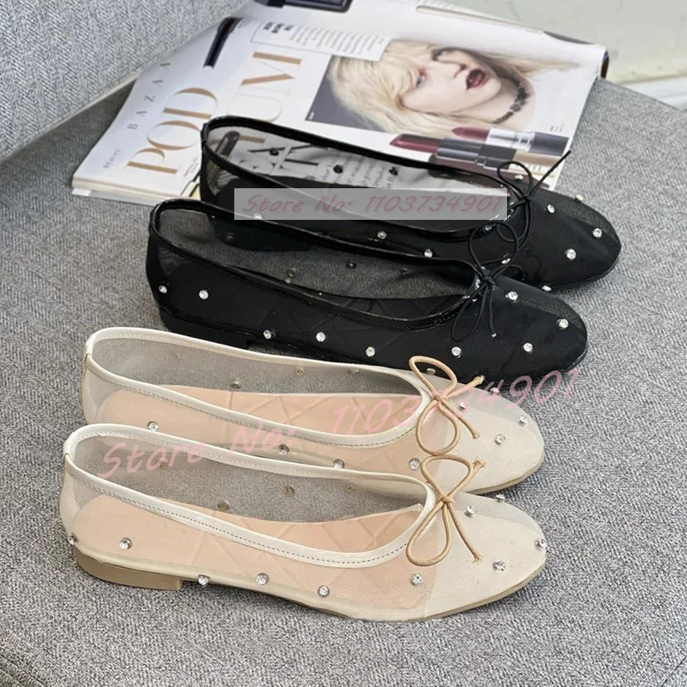 

Bow-knot Nude Mesh Crystals Flat Shoes Women See-through Breathable Round Toe Shoes Ladies Elegant Chic Casual Slip On Shoes