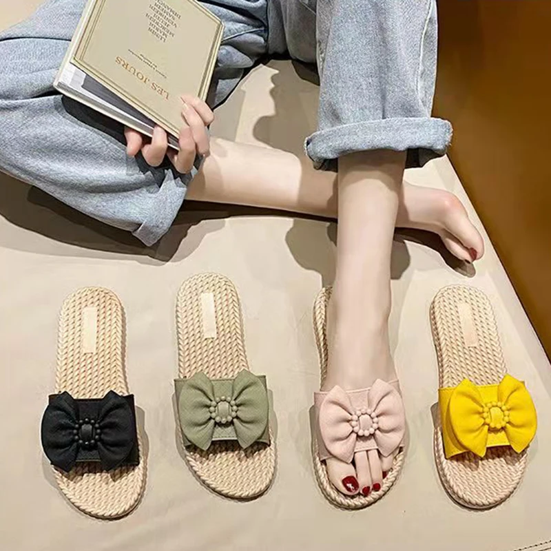 Slippers for women's summer outdoor wear new fashionable anti slip wear-resistant ins butterfly bow straight cool slippers