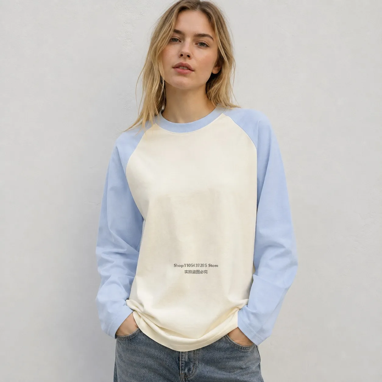 220G Baumwolle Damen Langarm T-Shirt Raglan Farbblock Rundhals Locker Sitzend Baseball-Tee Lässige Alltags-Streetwear Herbst-Oberteil – Detail 5