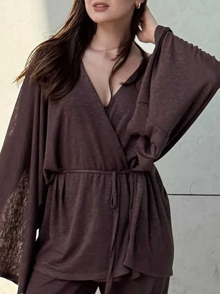 

Осень-зима, мягкий удобный домашний костюм, женский топ с v-образным вырезом и длинными рукавами и брюки, комплект из двух предметов, повседневная свободная одежда для сна, наряд