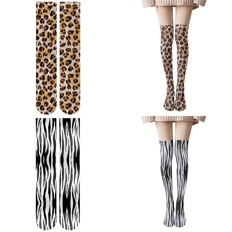 Medias de compresión finas por encima de la rodilla para mujer, calcetines altos hasta el muslo, suaves, con patrón de animales, pavo real y leopardo, sexy, a la moda