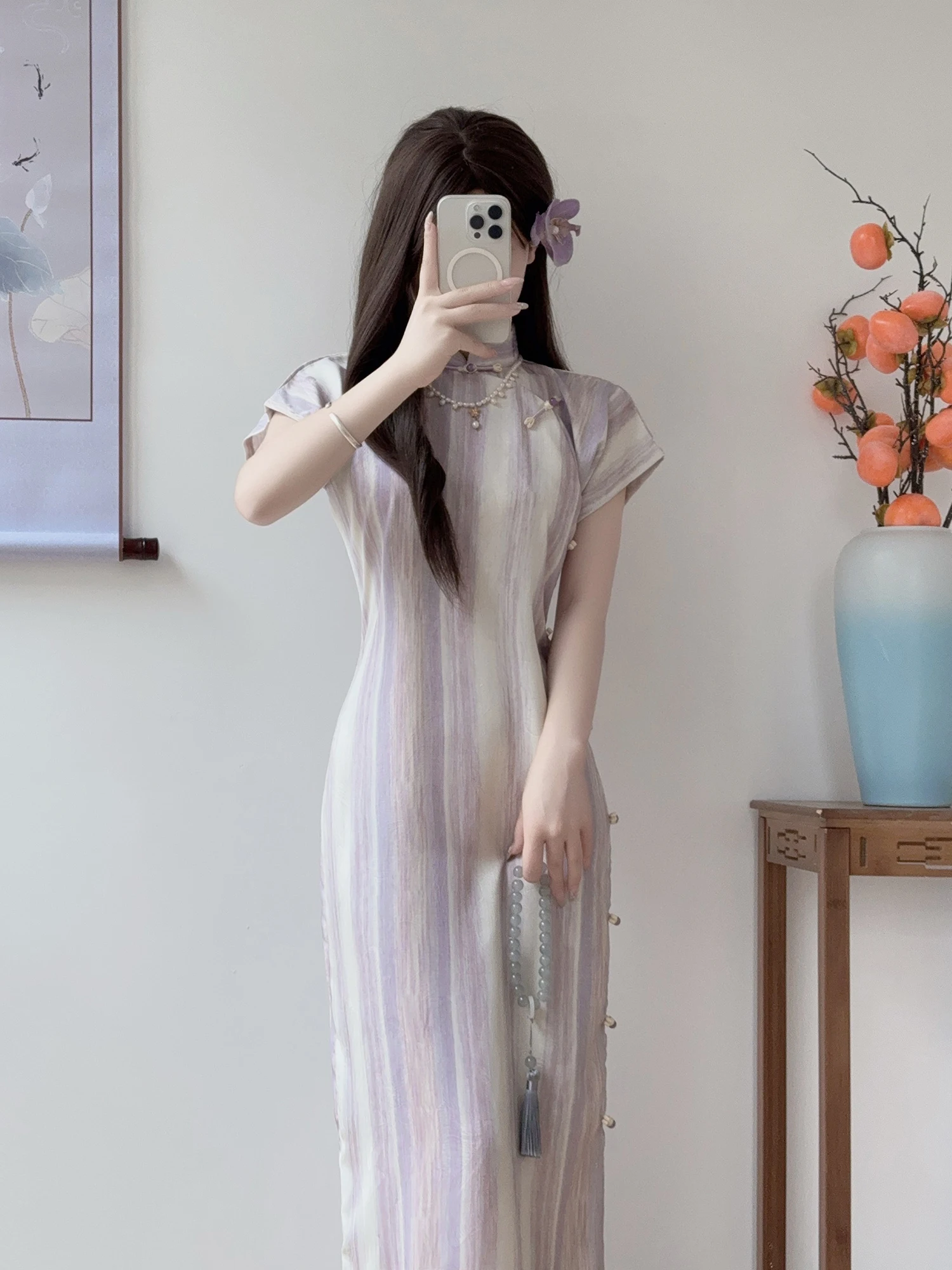 

Новая женская летняя юбка в китайском стиле, пастельно-фиолетовая в полоску, для повседневной носки, дышащая, из полиэфирного волокна, длинная