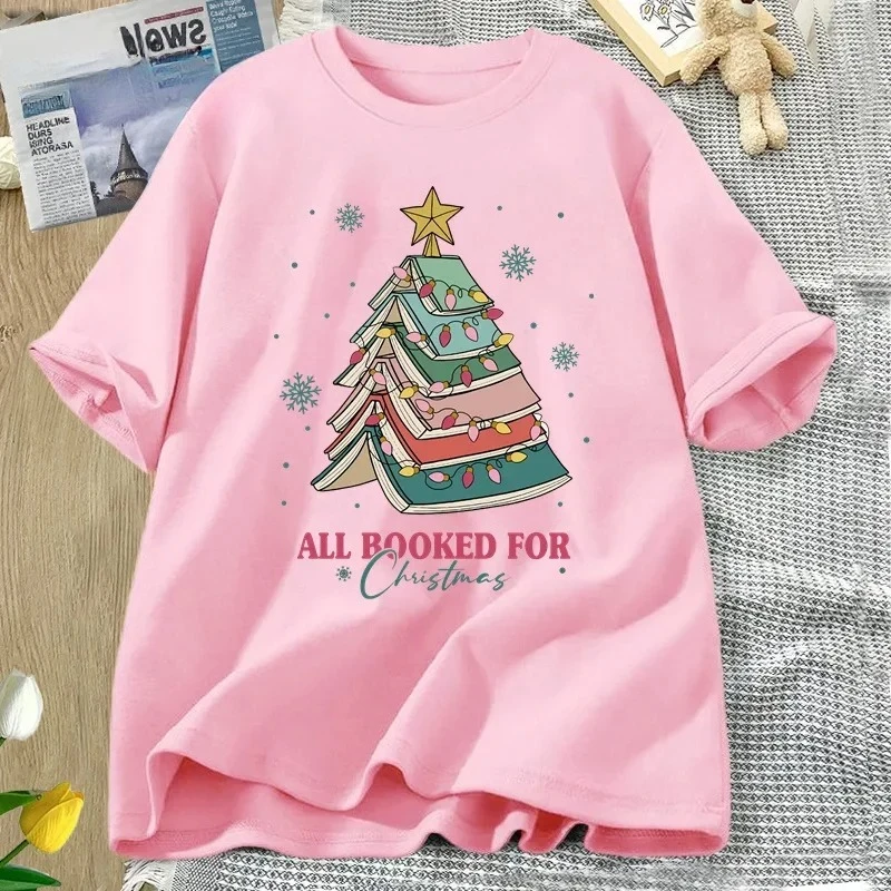 

Fashionable book Christmas tree print Harajuku style aesthetic T-shirt for women's daily versatile short sleeved T-shirt