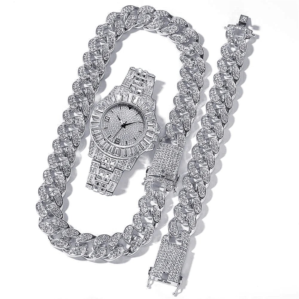 Luxury Unisex Jewelry Set Bling Icedout Cuban Chain Necklace Watch Bracelet For Man Street Bar Club Rap Holiday Gifts Daily Wear