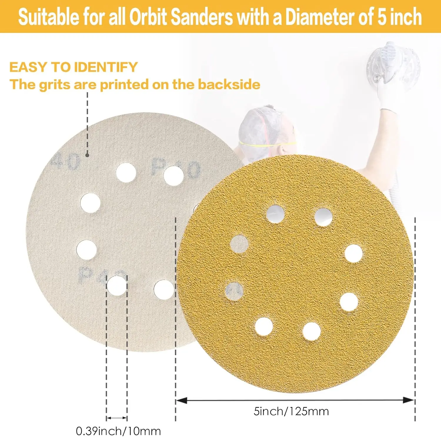 10-100PCS 5 Inch 8 Hole Sanding Discs 40-800 Grit,Gold Round Hook and Loop Sandpaper for Random Orbital Sander view 3