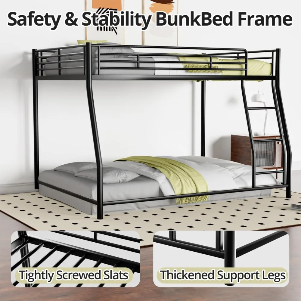 Full Over Queen Metal Floor Bunk Bed, Metal Bunk Bed for 2 with Ladders, Upper Load Bearing 250LBS, Black