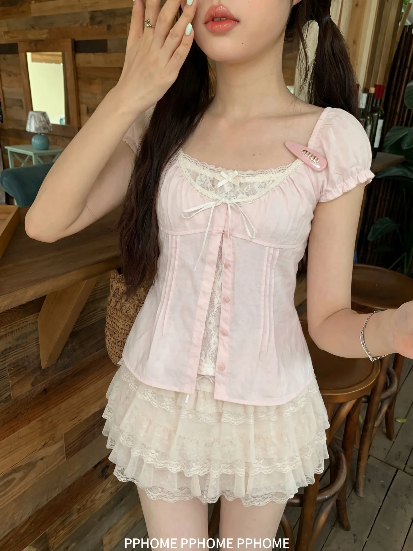 PPHOME Early Summer Ballet Korean Style Lace Trim Short Sleeve Women's Design Fake Two-Piece Slim Fit Top  Knot Splice