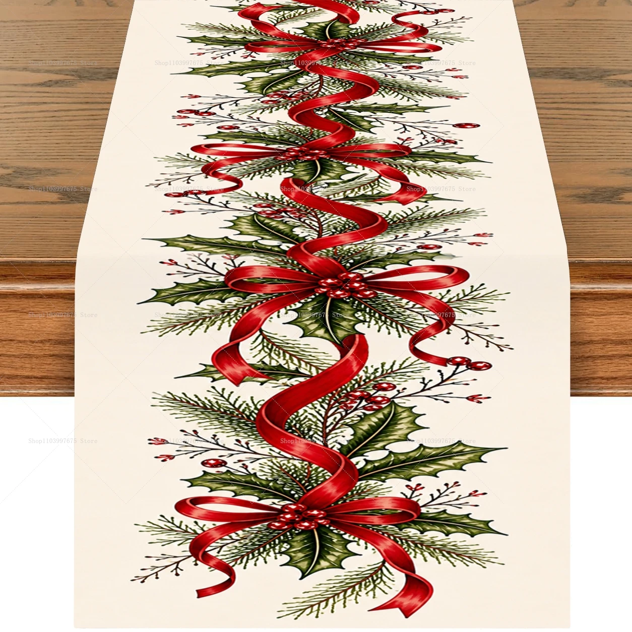Christmas Table Runner Red Ribbon Bows Holly Leaves Pine Branches Berries Winter Xmas Party Decoration Home Kitchen Dining Decor