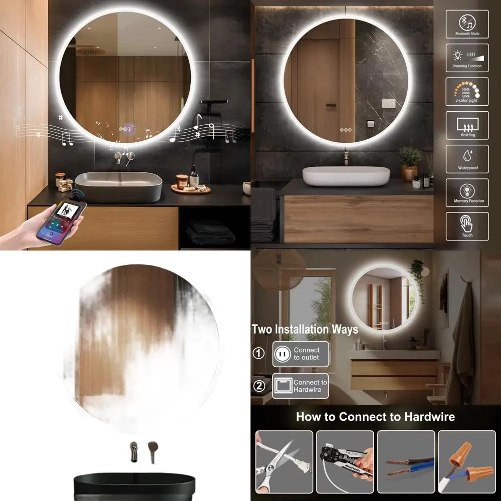 

Round 32 LED Bathroom Mirror with Lights, Backlit & Front Light, Wall-Mounted Vanity Mirror, 3000K/4000K/6500K, Bluetooth Speake