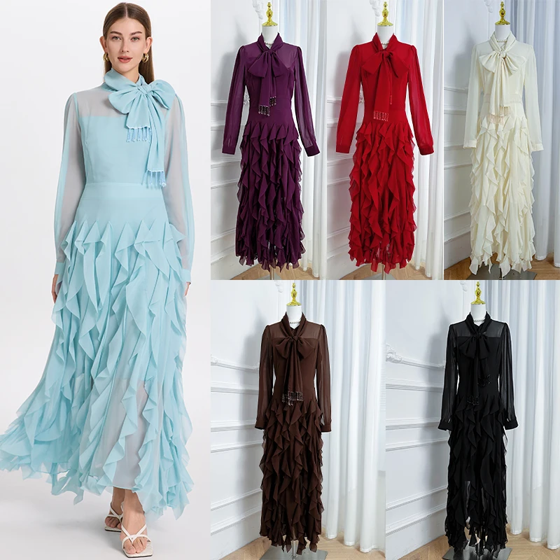 

2025 Spring Autumn French Elegant Ruffles Chiffon Maxi Dress Women Lace Up Bow Collar Long Sleeve Ruffles Party Long Dress