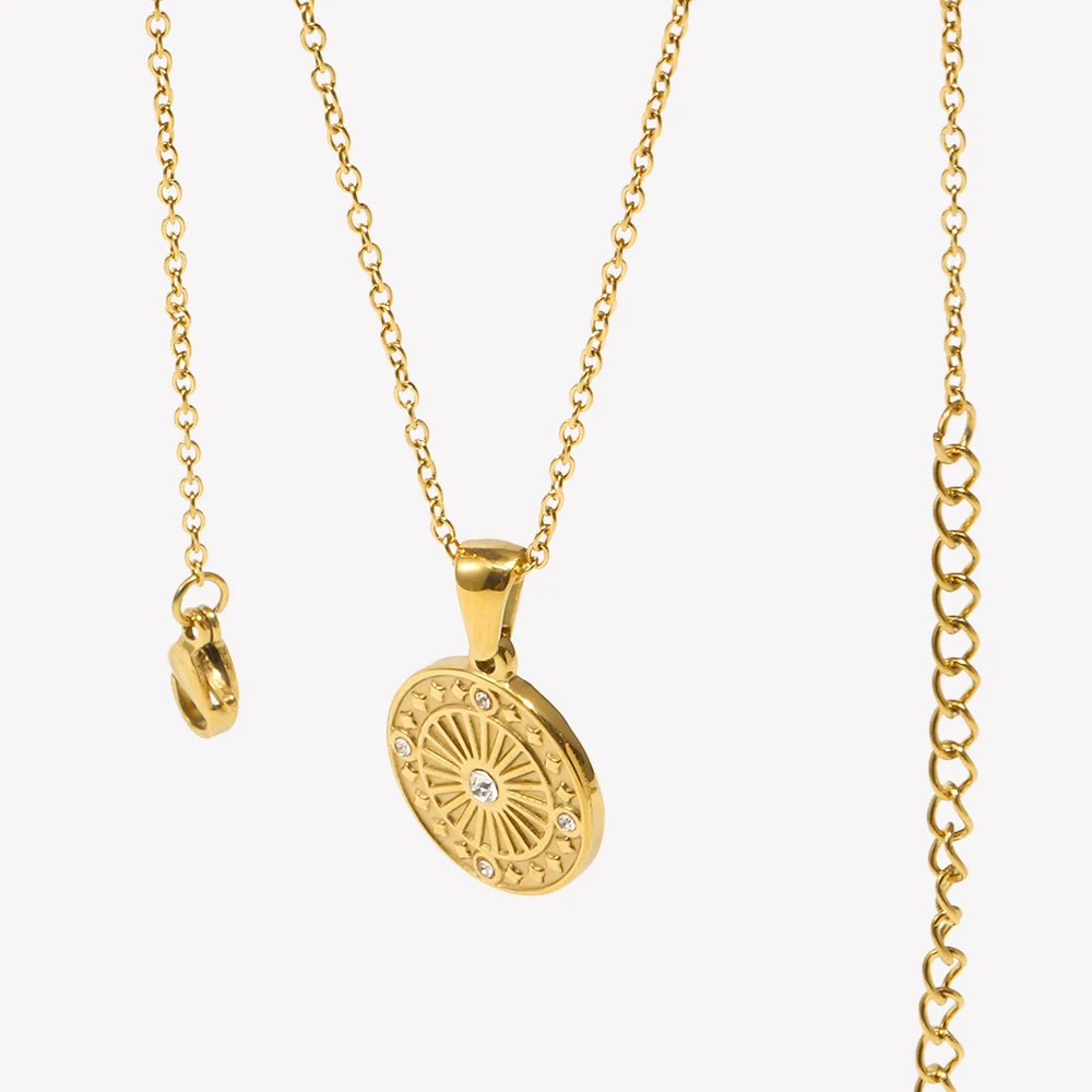 Classcial Minimalist Round Gold Plated Silver Color Coin Necklaces For Women Stainless Steel Waterproof Circle Pendant Collar