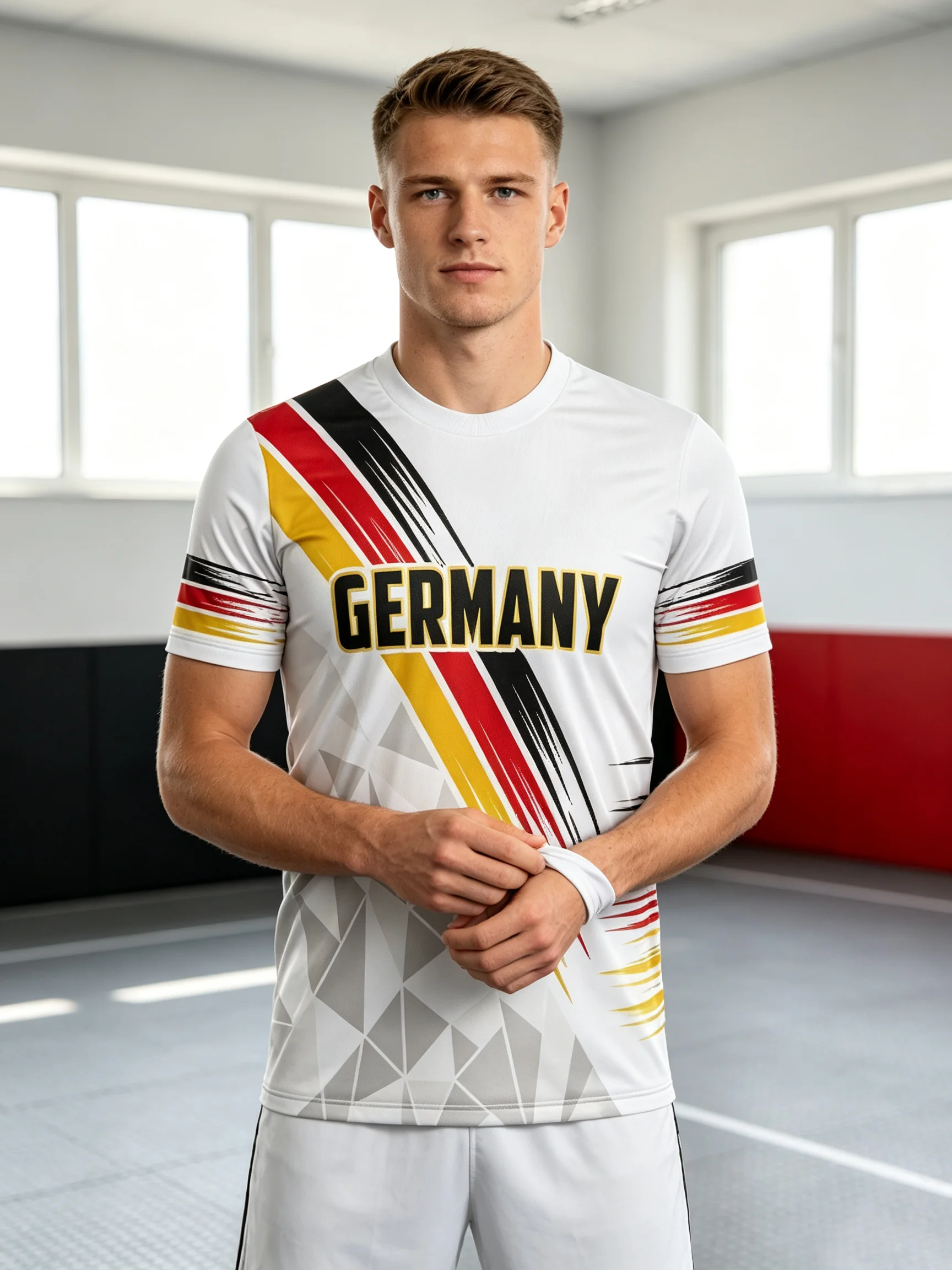 Germany themed football jersey,dynamic flag‑color stripes,geometric texture,stretchy breathable fabric,athletic fit