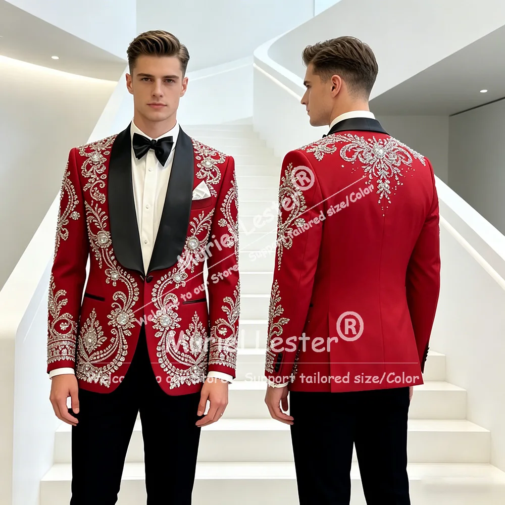 

Ярко-красные свадебные костюмы для жениха: пиджак и брюки с бисером и камнями, комплект из 2 предметов, мужской смокинг, индивидуальный пошив, пиджаки для выпускного вечера с нашивкой-шарфом