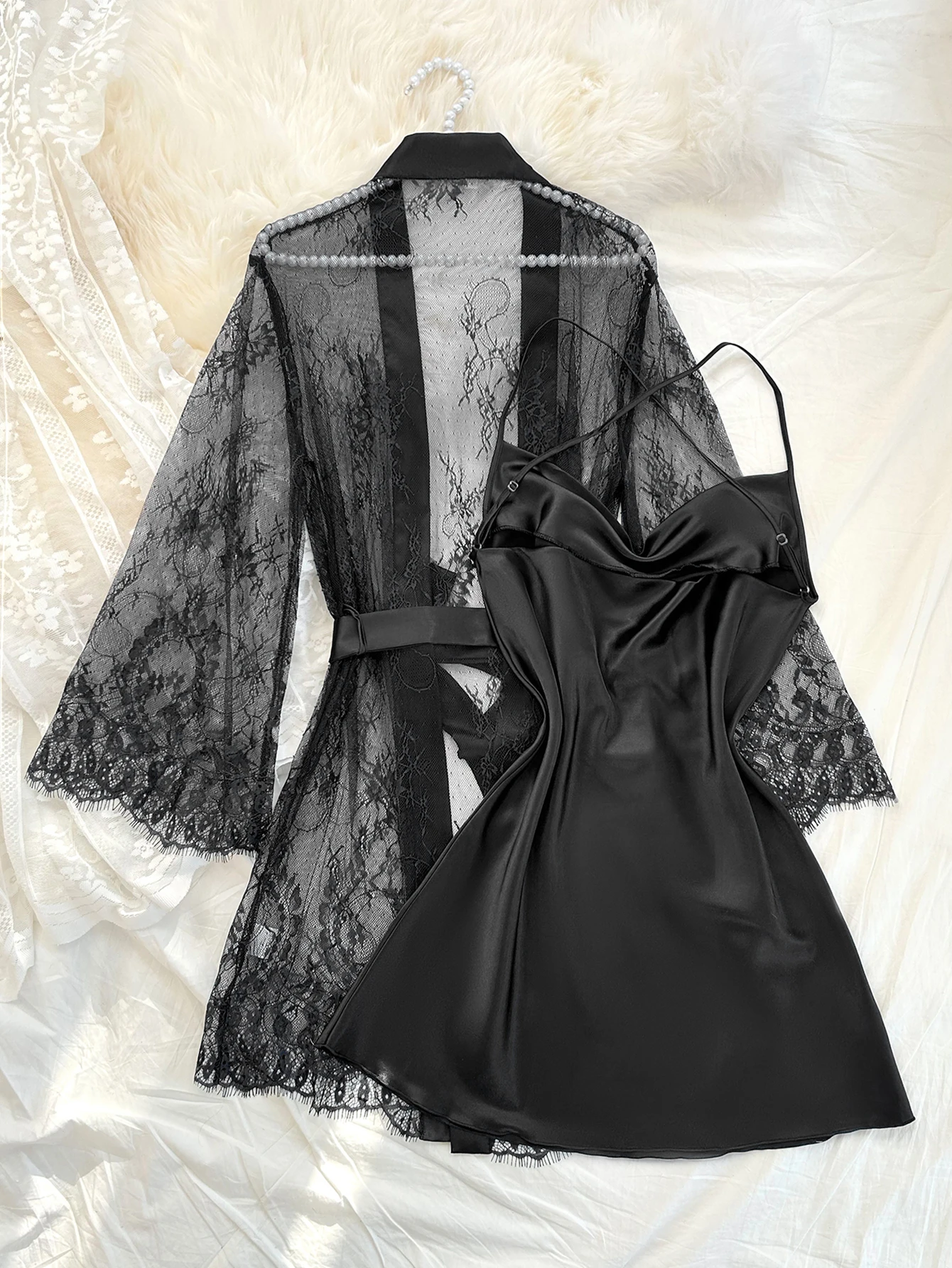 Women's 2 Piece Lace Pajamas Set Sheer Lace Robe with Belt and Crisscross Back Cami Slip Dress Sexy Nightgown Loungewear