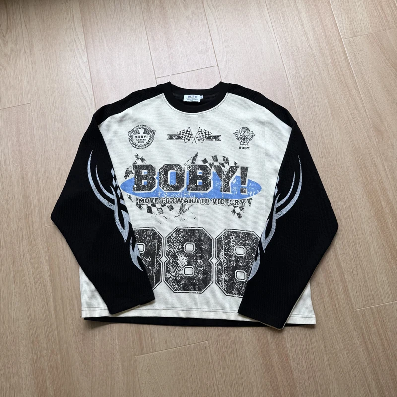 Splice Color Waffle Long Sleeve 888 Label T Shirt Racing Flag Badge Pattern Clothes Men Women Loose Quick Dry Breathe Tops Tee