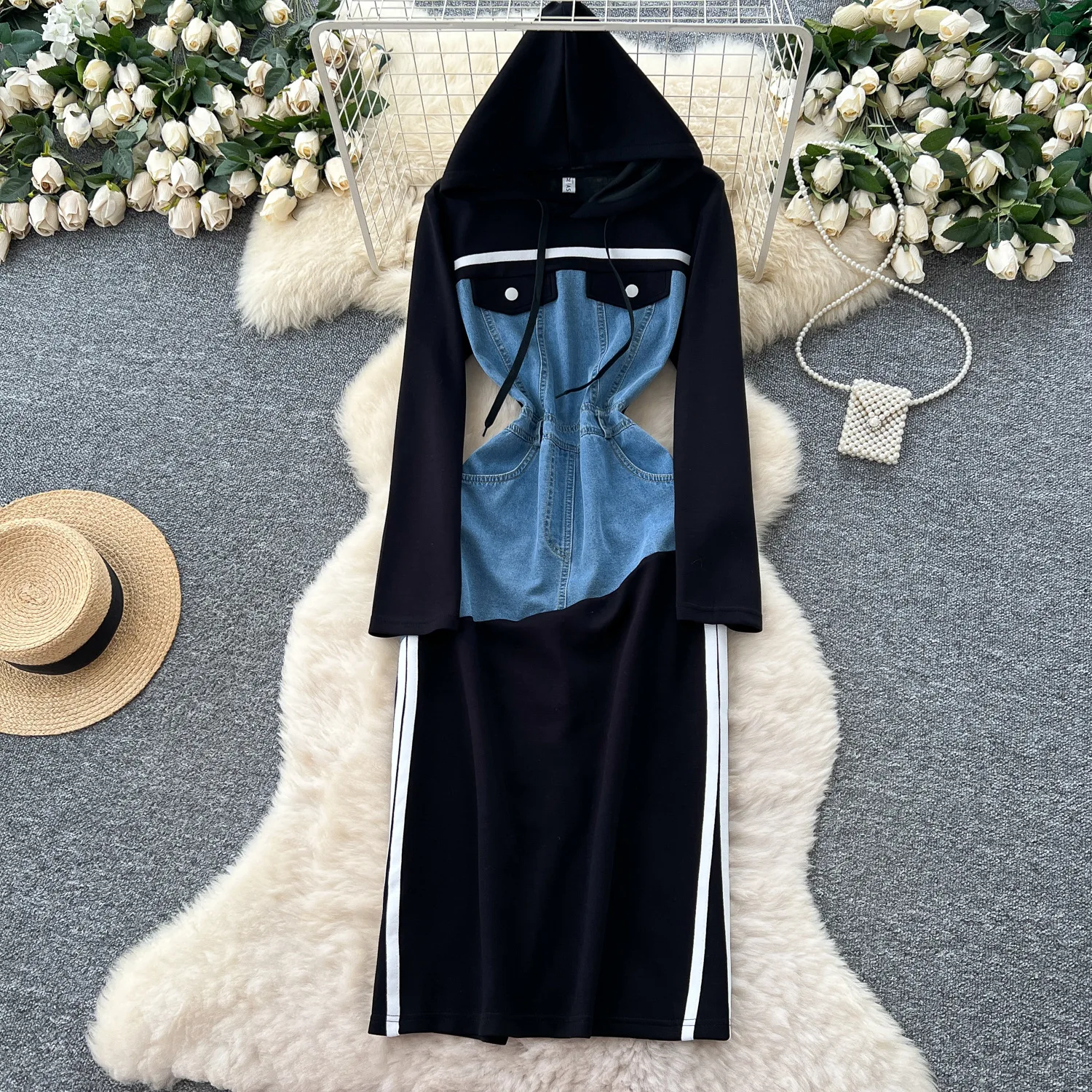 

Women Long Dress Dresses Hooded Vestidos High Waist Elegant Splice Denim Y2k Streetwear Full Sleeve Casual Work Autumn 2025