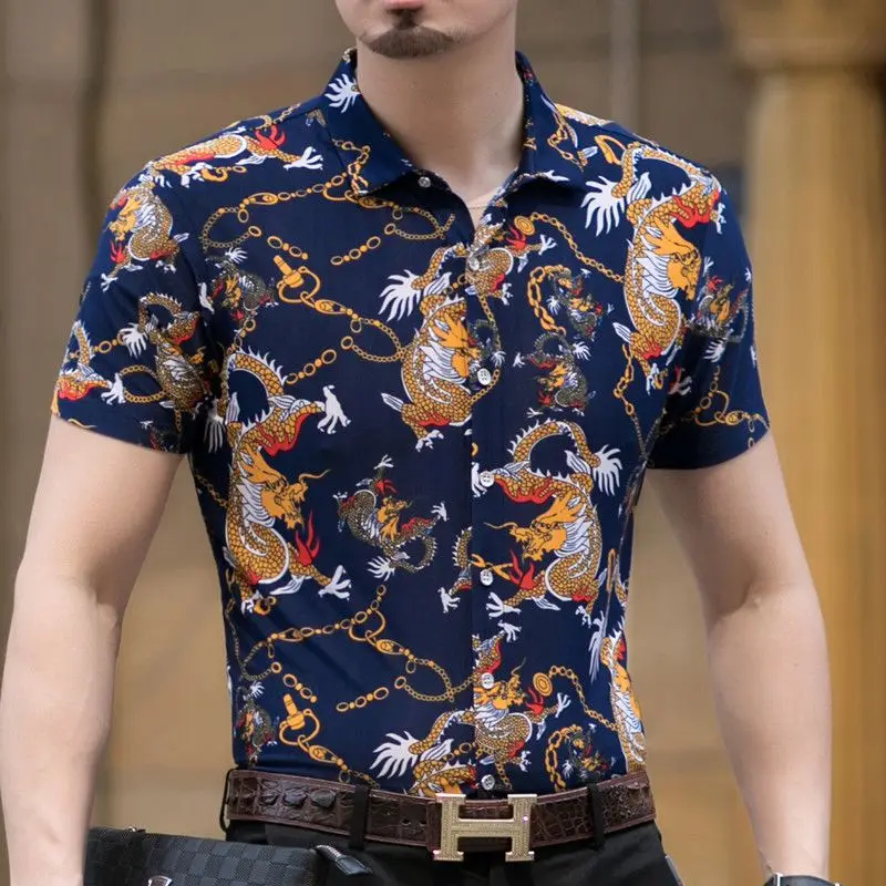 Neues Kurzarmhemd für Herren mittleren Alters, lässiger Druckkragen, Eisseide, Passform, Blumenmuster, dünn, modisch