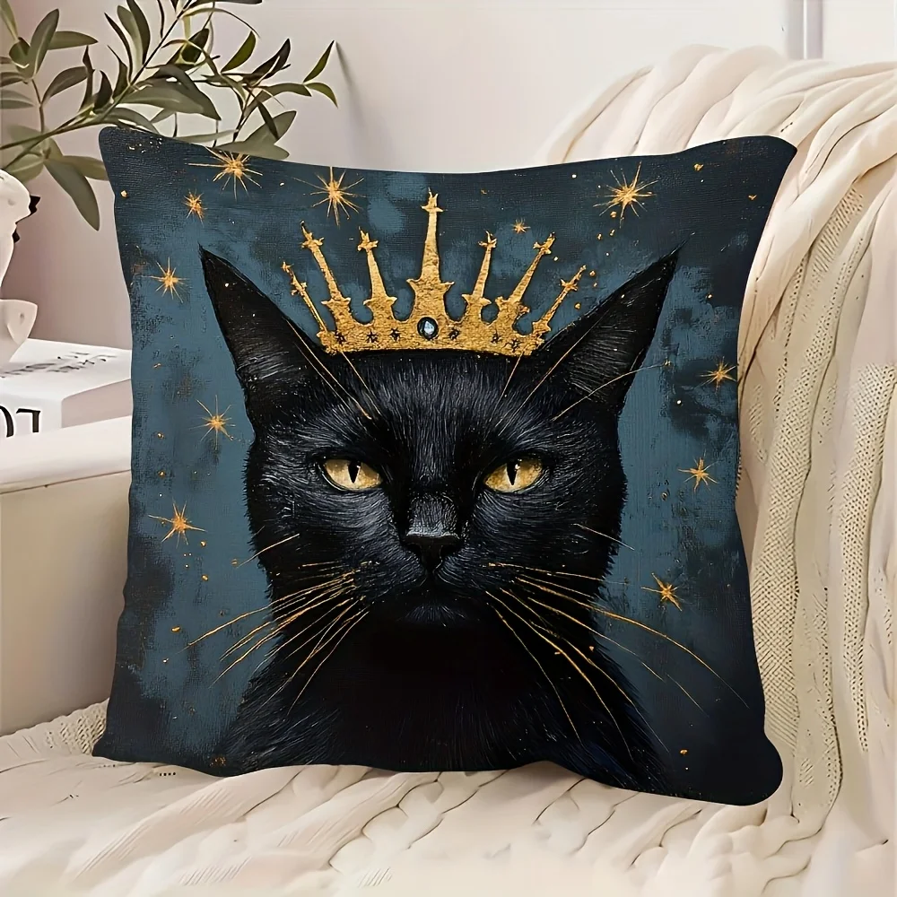 1 Stück schwarzer Katzenkönig mit Krone Kissenbezug, 2D doppelseitig bedruckter Polyester-Kissenbezug, Gothic-Sternenhimmel-Dekor, Geschenk für