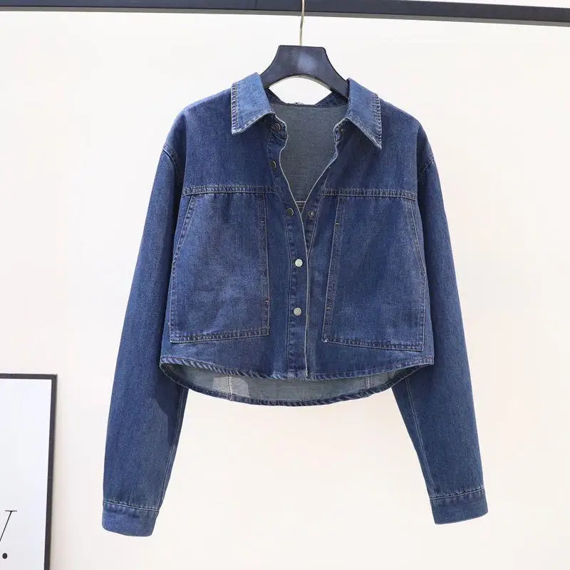 

Vintage Blue Denim Jacket for Women Turn Down Collor Irregular One Breasted Jeans Jacket Female Autumn Casual Outerwear Tops