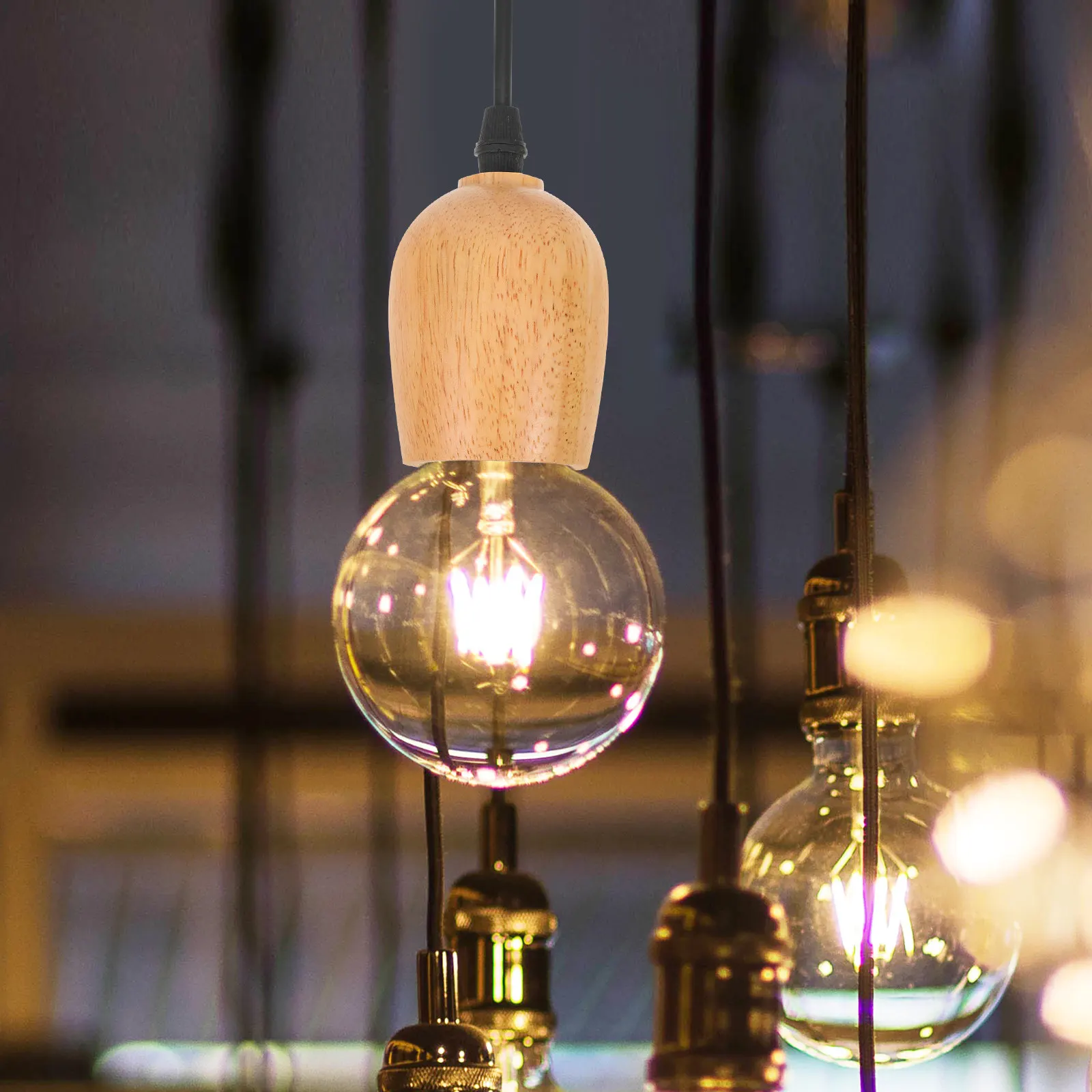 Vintage Wood Hanging Lamp Fixture E27 Socket Space Saving Retro Pendant Light for Dining Room Study Nursery Boho Farmhouse