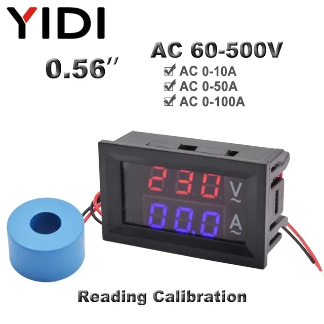 0.56'' Digital Dual Dispaly Voltmeter Ammeter 10A 50A 100A AC 60-500V 220V  Voltage Amp Meter Measurement Current Transformer - AliExpress