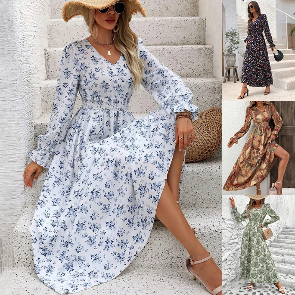 Women's Printed Fashion Versatile Dresses V-Neck Long Sleeve Pendulum Dress High Waist Vintage Vestidos 2025 New