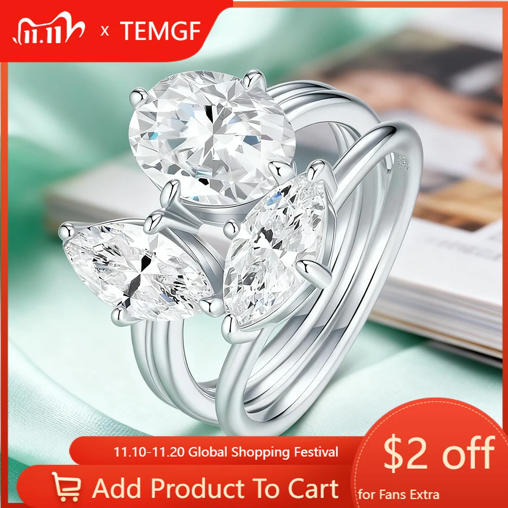

Кольца TEMGF 5CTTW с полным муассанитом для женщин и мужчин, серебро 925 пробы, роскошное обручальное кольцо с 3 камнями, подарок, ювелирные изделия с покрытием 18 карат с GRA