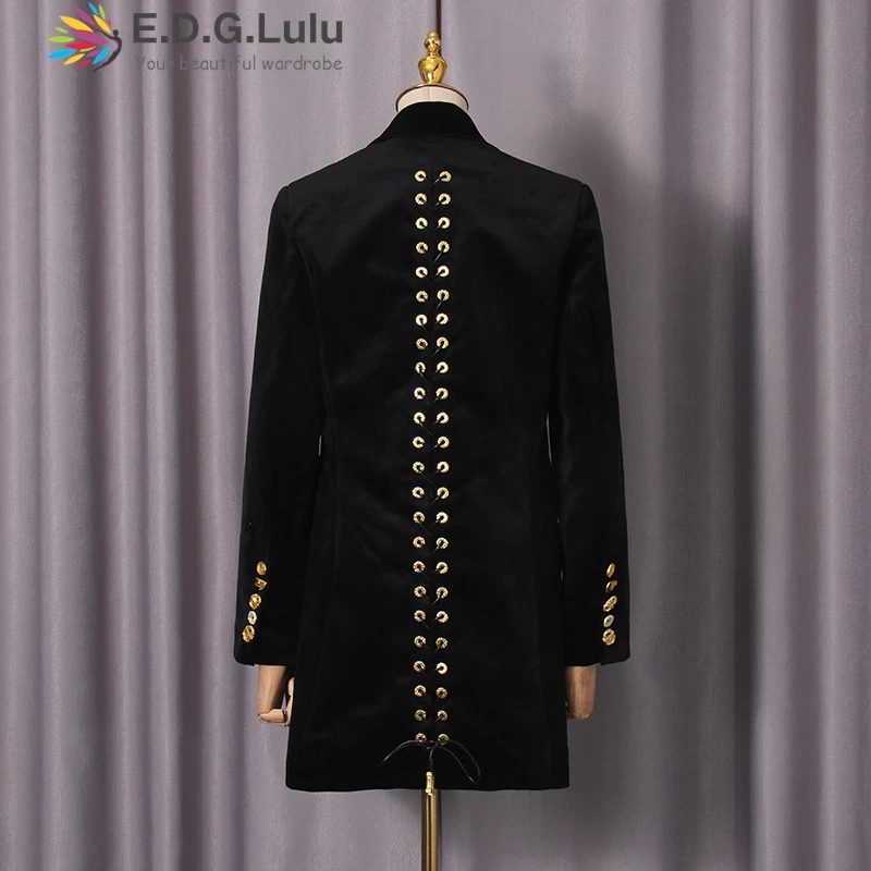 EDGLuLu ターンダウン襟メタルボタンブラックコート女性オフィスレディ長袖黒スリムフィットブレザーコート 1111