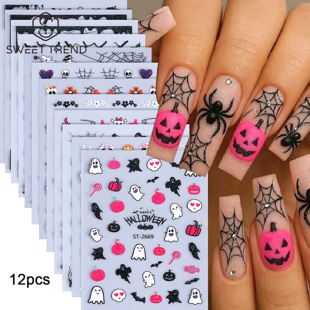 SWEET TREND-12 Stück 3D Halloween Nagelaufkleber Niedliche Kürbis-Geister-Spinnen-Totenkopf-Schleifen-Blumen-Design Nagelschieber-Abziehbilder Maniküre-Dekoration