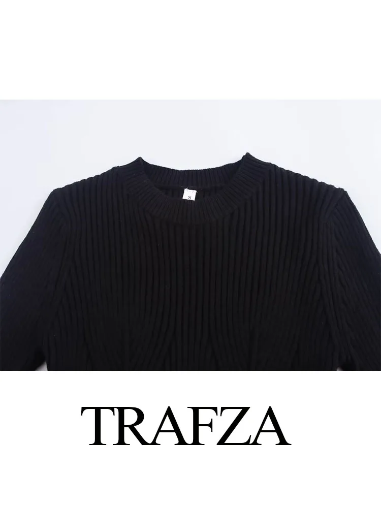 TRAFZA Autumn Women New Elegant Versatile Solid Color Sweater Female Knitted Pullover Bell-bottomed Sleeve Slit Sweater Mujer