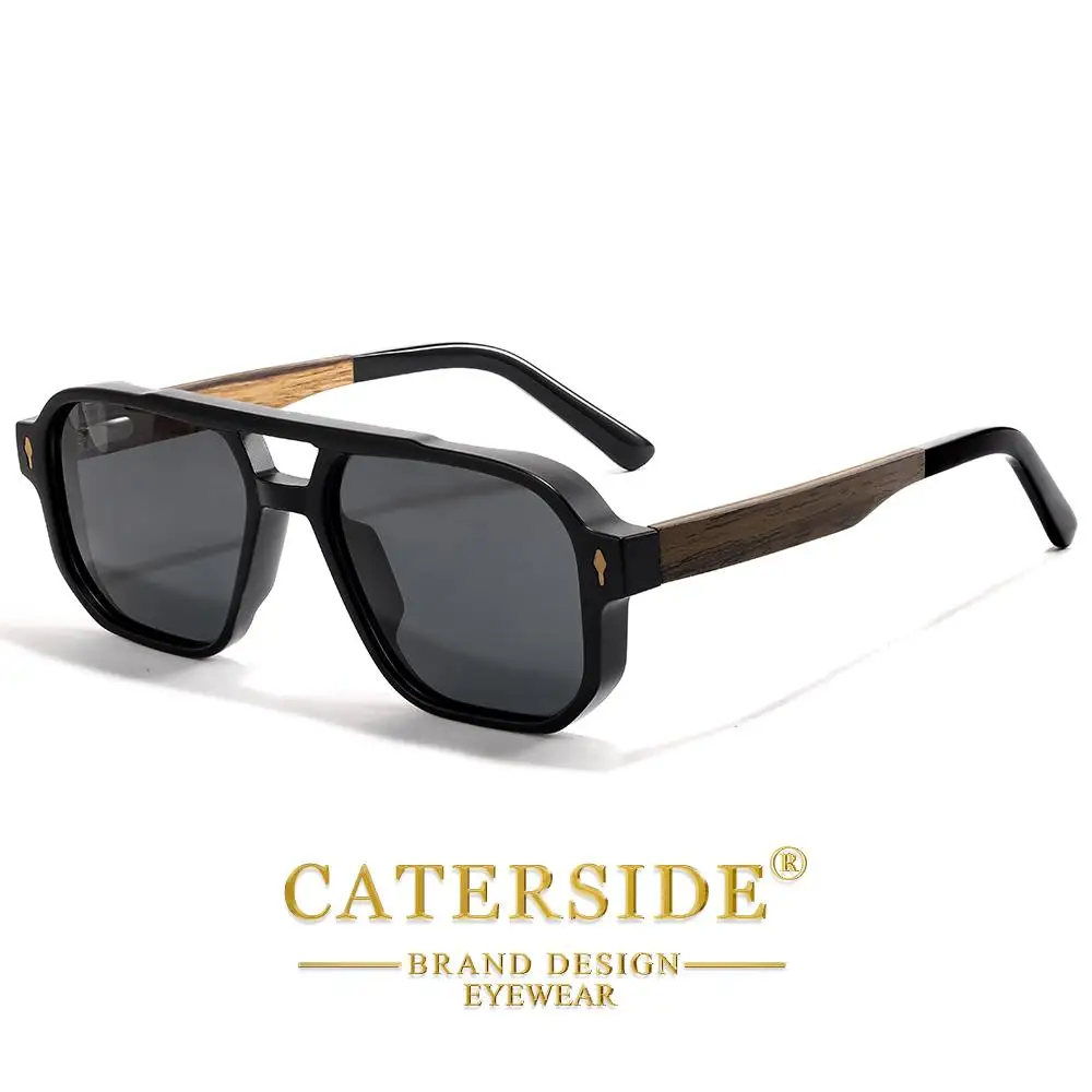 CATERSIDE Modische polarisierte Sonnenbrille für Herren, Holzbeine, flaches Doppelbrücken-Design, Sonnenbrille für Damen, Outdoor-Sommerbrille – Detail 10