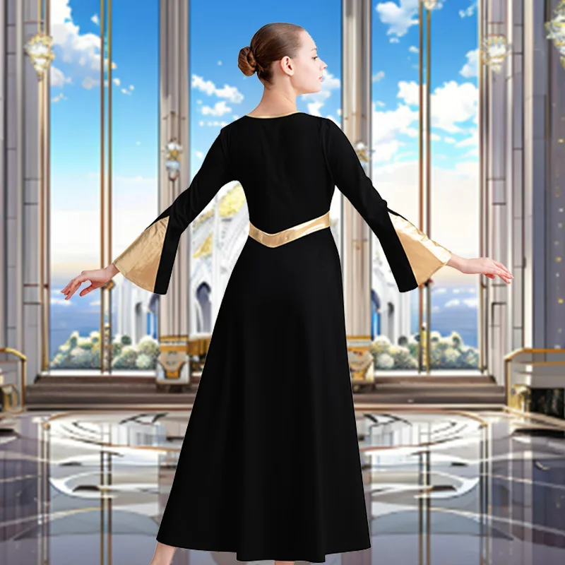 Robe de danse moderne à manches longues pour femmes, coupe ample, pleine longueur, pour la culte des adultes, Costume métallique liturgique, robe de danse