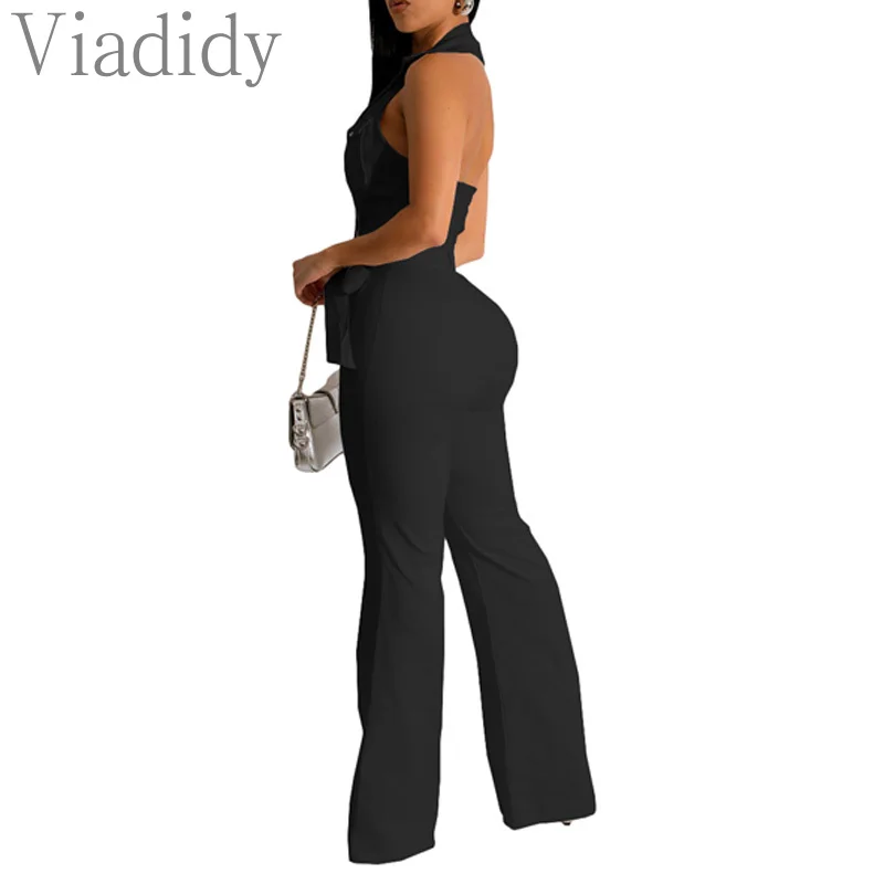 Women Sexy Solid Color Sleeveless Turn Down Collar Button Front Flare Leg Jumpsuits with Belt