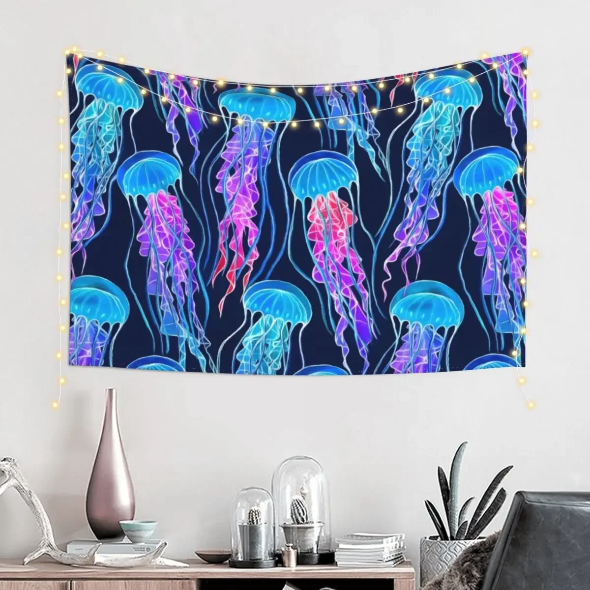 Luminescent Rainbow Jellyfish on Navy Blue Tapestry Decorations For Your Bedroom Nordic Home Decor Tapestry