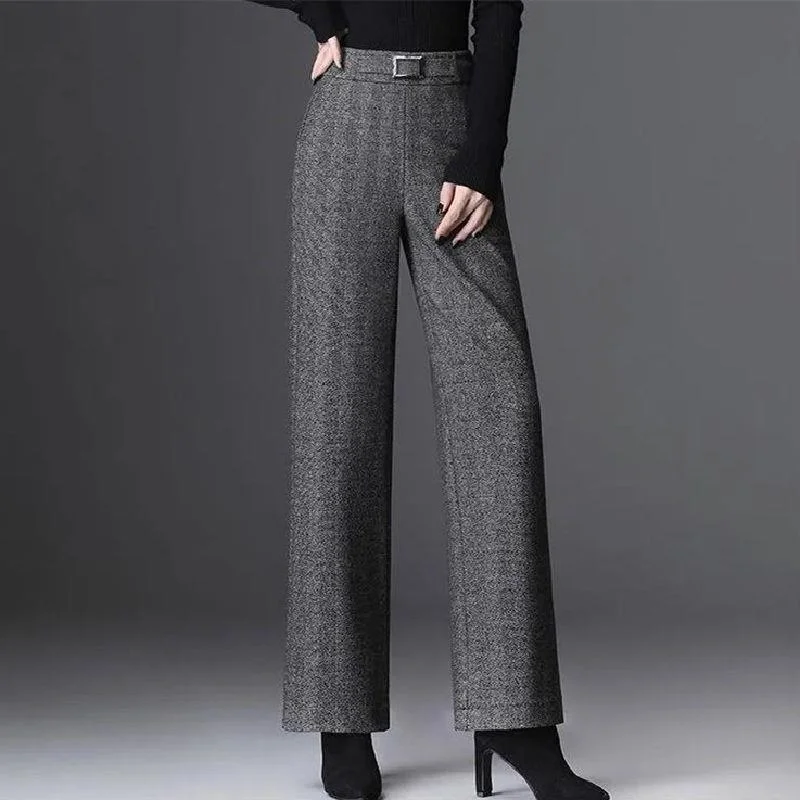 Zimowe Nowe Damskie Grube Wełniane Spodnie z Szerokimi Nogawkami, Wysoki Stan, Luźny Krój, Wyszczuplające, Uniwersalne, z Efektem Drapowania, w Jodełkę, Casualowe, Proste Spodnie