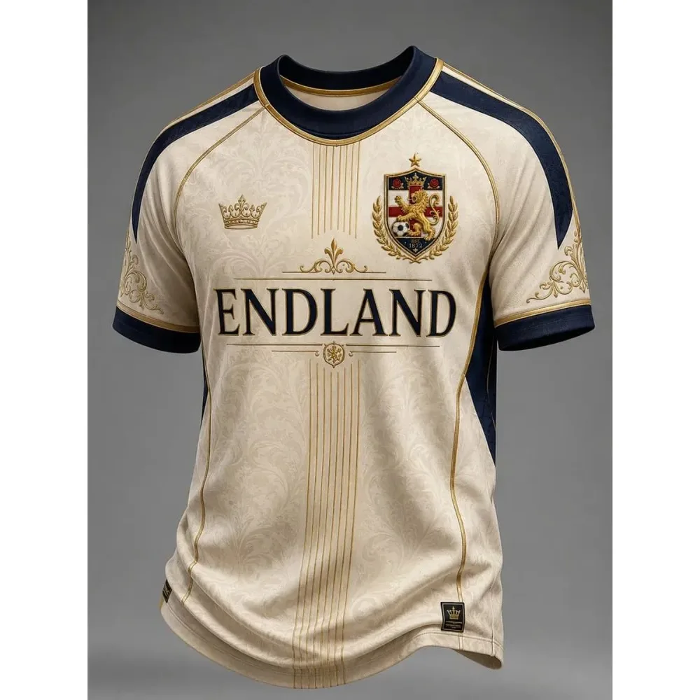 Summer New England  Men Soccer T-shirt Big Golden Lion Graphic Compass Crew Neck Color Block Short Sleeve Fan Sports Jersey