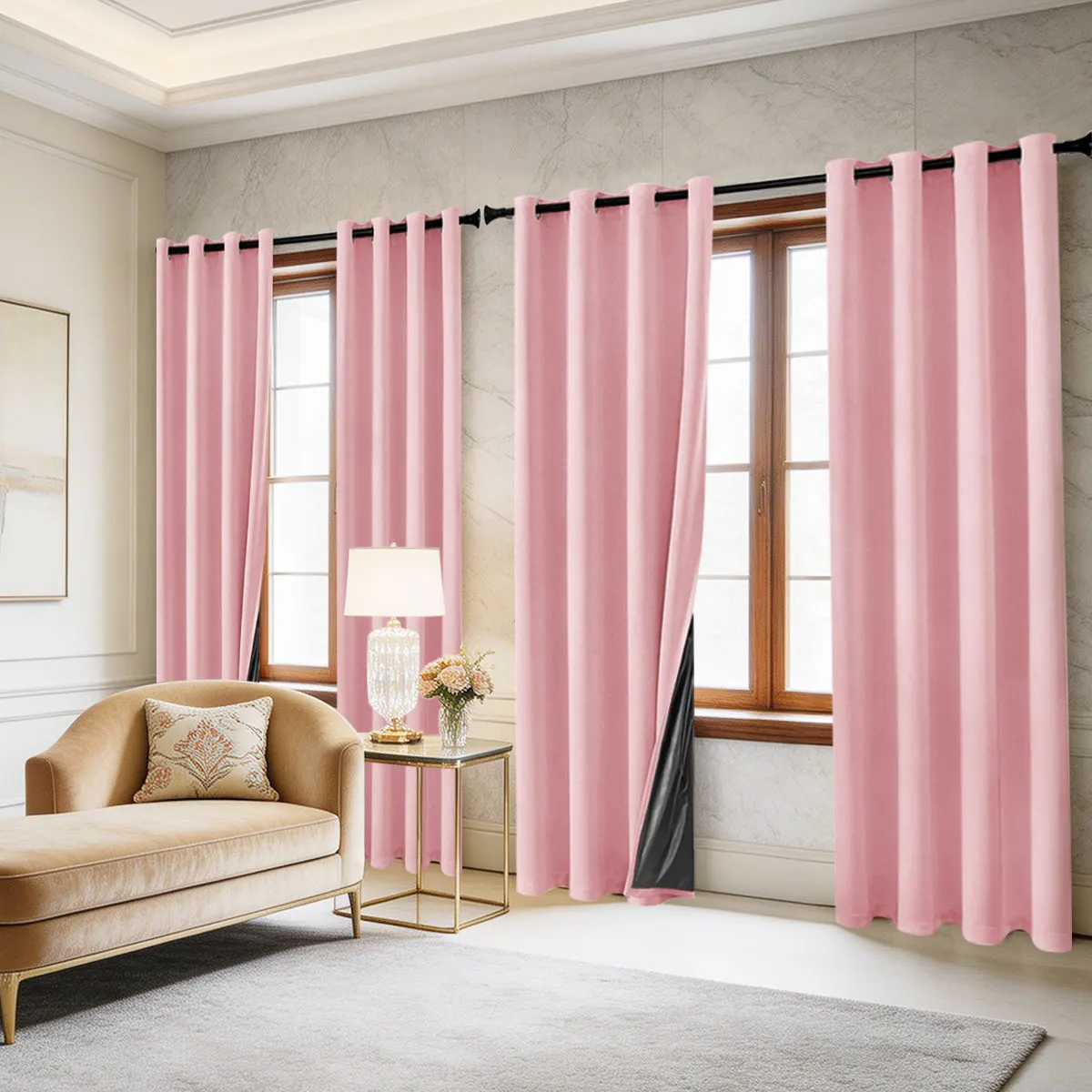 4 Panels Full Blackout Eyelet Curtains, Lightweight Coated Solid Color Light Blocking Window Drapes for Household Windows