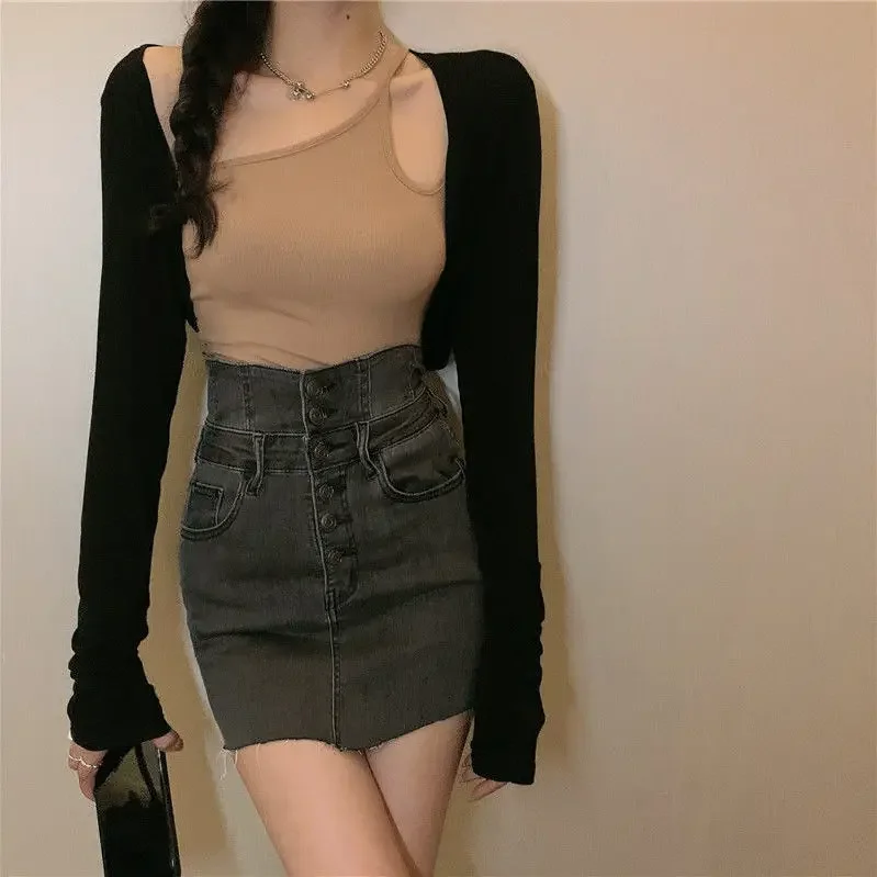 Retro Fringe-breasted Denim Skirt Female High-waisted Slim Slim-fit All-match A-line Package Hip Short Skirt Tide