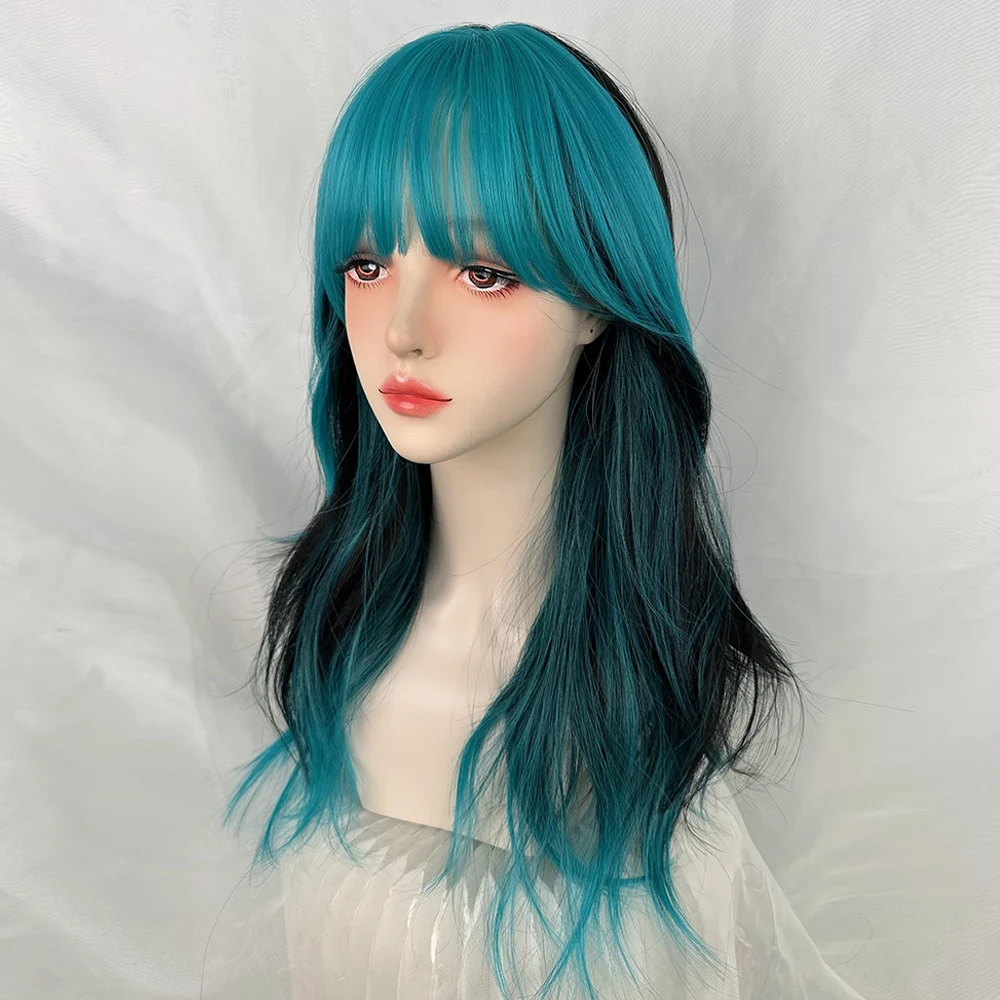 Ombre Highlights Blue Black Wig Long Synthetic Wavy Women Fluffy Lolita Cosplay Hair Wig for Daily Party