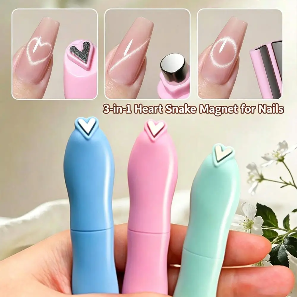 1Pcs 3 In 1 Detachable Love Cat Eye Nail Magnetic Pen Snake French Heart Pattern Cats' Nail Art Magnets Magnetic Gel Polish Tool