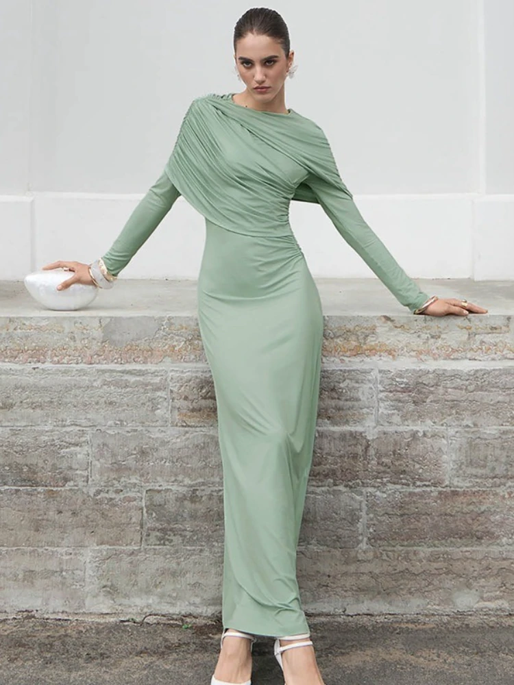 Elegancka sukienka wieczorowa z marszczeniami, długim rękawem, w jednolitym kolorze, damska, szykowna, z wysokim stanem, z zakładkami, asymetryczna długa sukienka maxi, suknie damskie.
