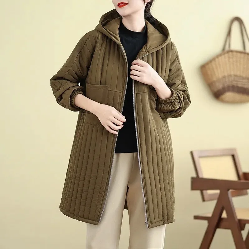Jesienno-zimowa kurtka z kapturem, z dużymi kieszeniami, jednolita, bawełniana, w dużych rozmiarach, damska, uniwersalna, średniej długości, lekka kurtka w1403