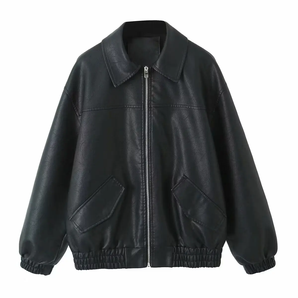 Faionable versátil couro pu waed feminino jaet outono novo sle simples ele longo sve flip colarinho casaco para jovens